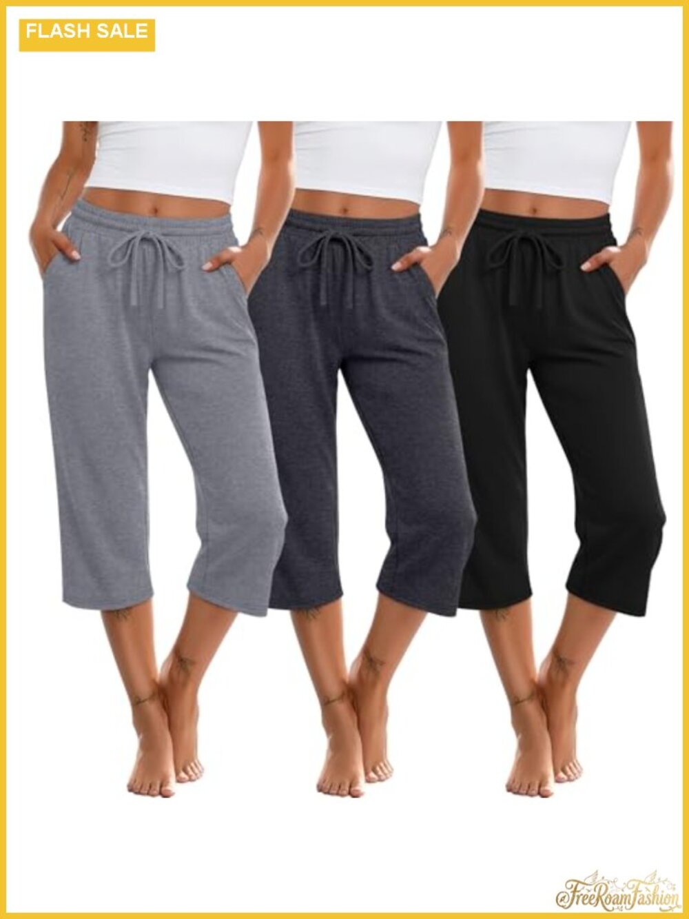 3 Pack Women's Capri Drawstring Sweatpants Wide Leg Mid Rise